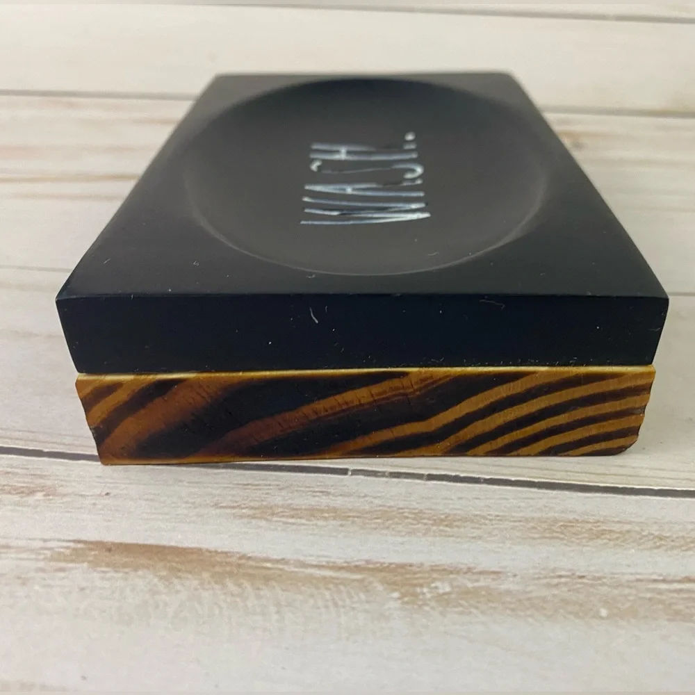 Rae Dunn WASH Black Soap Dish Wooden Base NWT